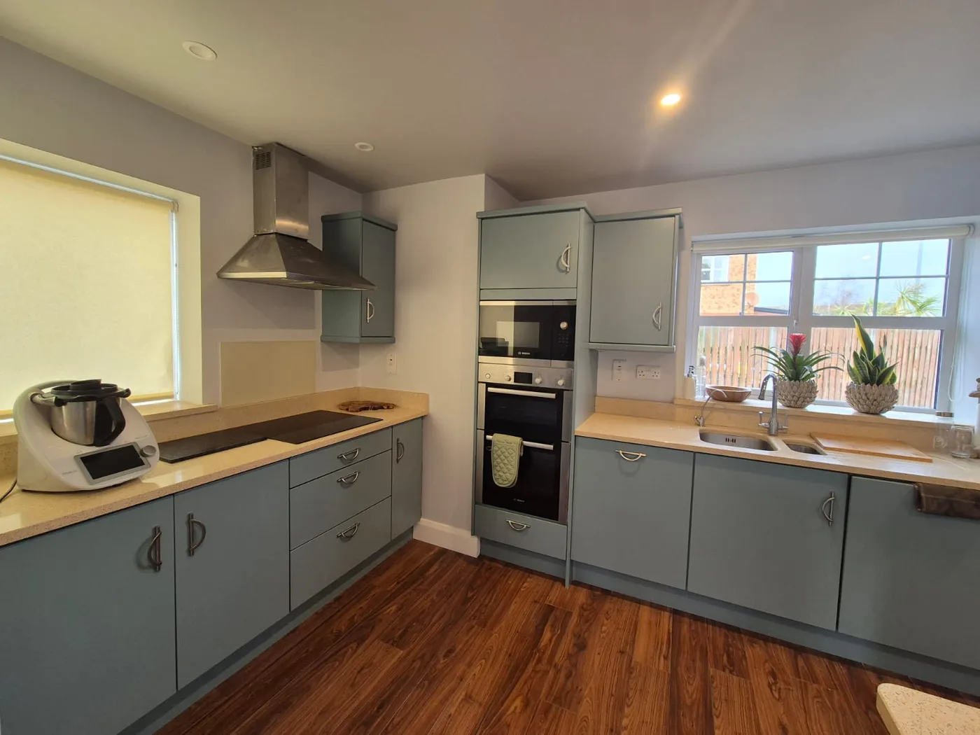 Freshly painted sage green fitted kitchen cabinets in a Dublin home