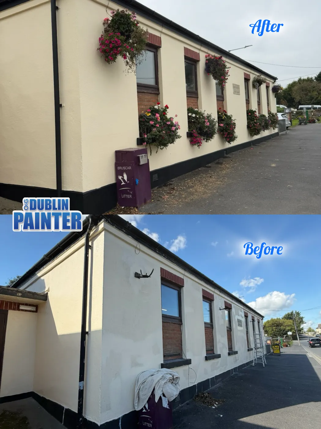 Freshly painted cream rendered commercial building exterior with flower boxes in Dublin