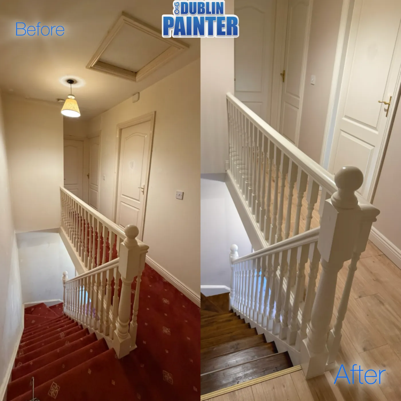 Freshly painted white staircase banister and hallway doors in a Dublin home