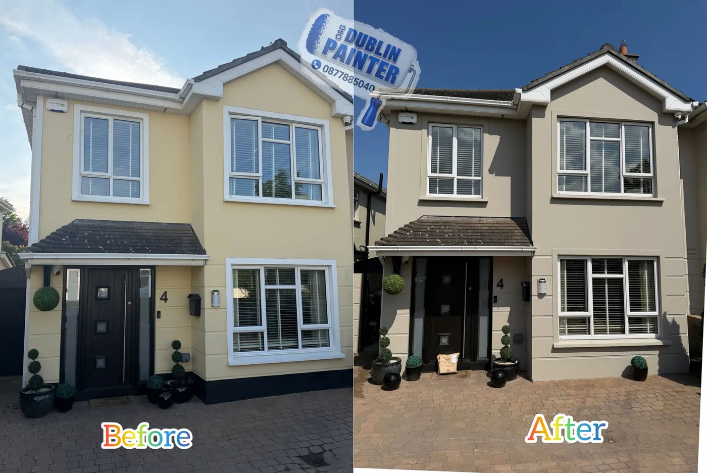 Before and after exterior repaint of a Dublin house from yellow to grey render