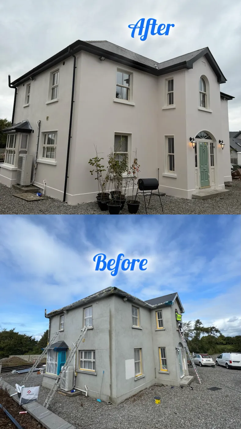 Freshly painted cream rendered two-storey house exterior with green front door in Dublin